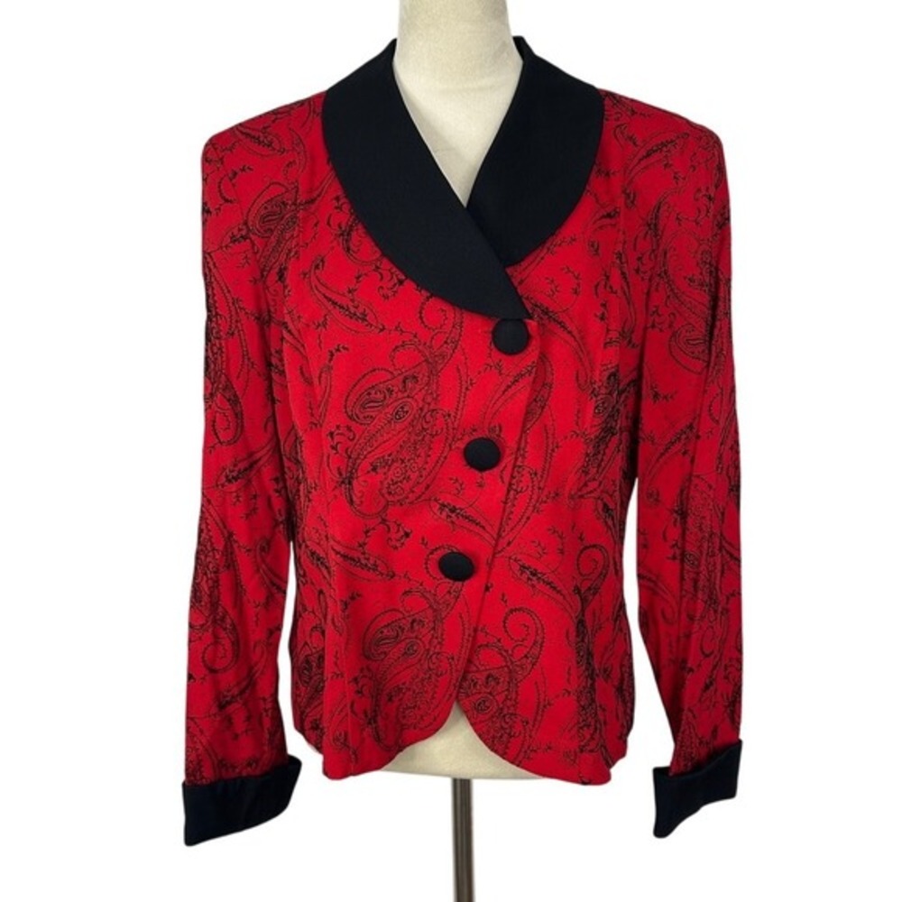 Vintage Dani Max Lois Snyder Paisley‎ Blazer Career Black Trim Red Womens 14